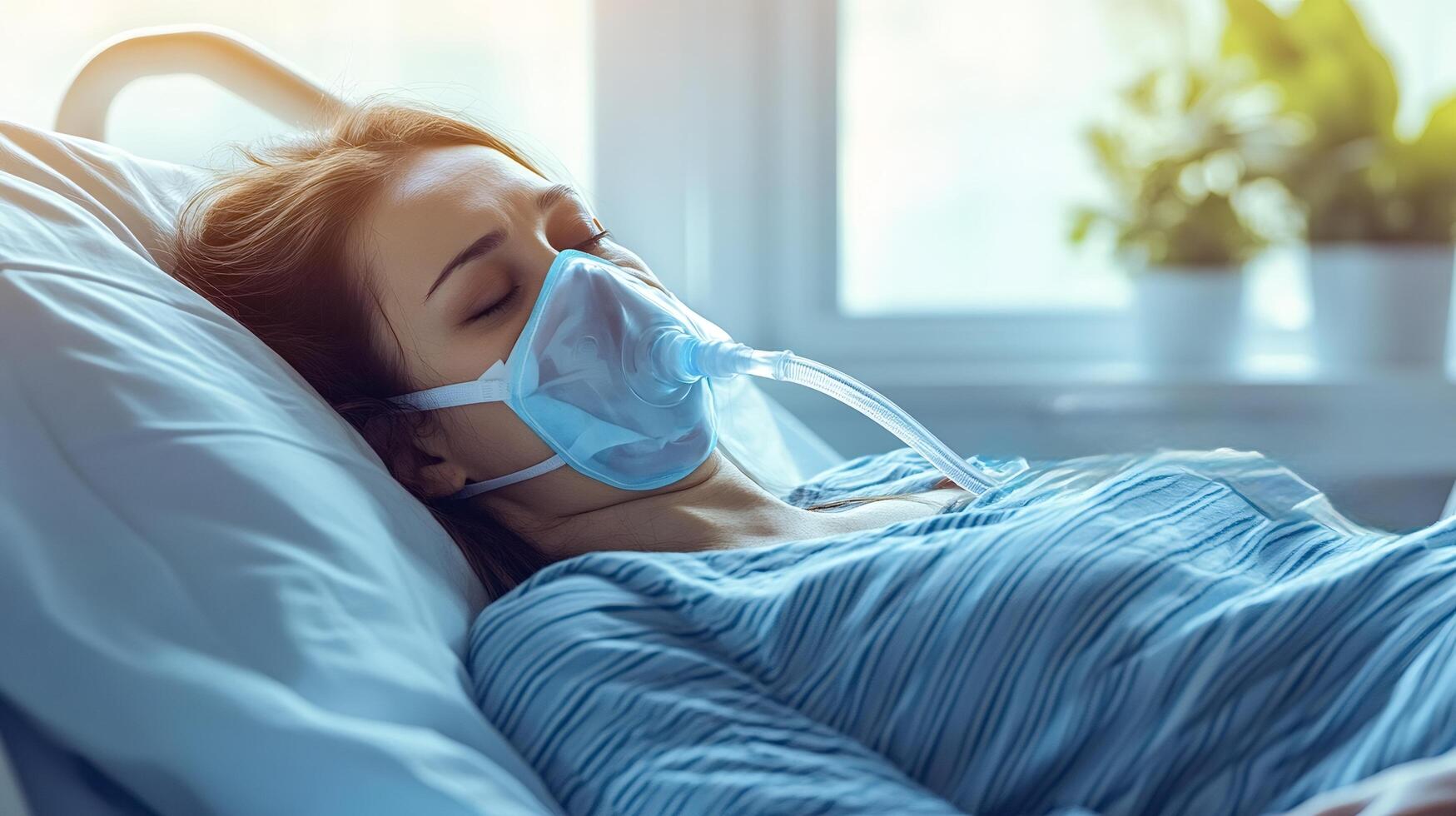 Sick patient wearing oxygen mask resting in hospital bed photo