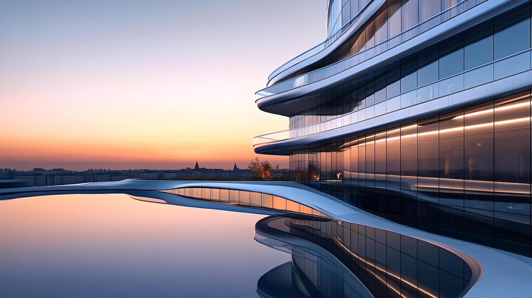 Modern skyscraper reflecting in infinity pool at sunset over cityscape photo