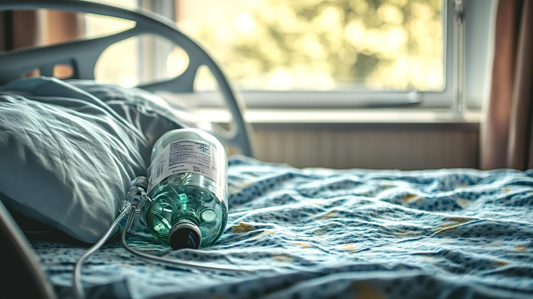 Medical oxygen tank lying on empty hospital bed near window photo