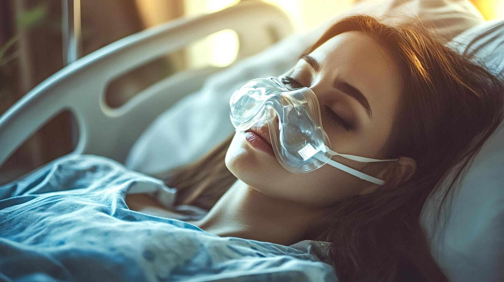 Sick young woman wearing oxygen mask sleeping in hospital bed photo