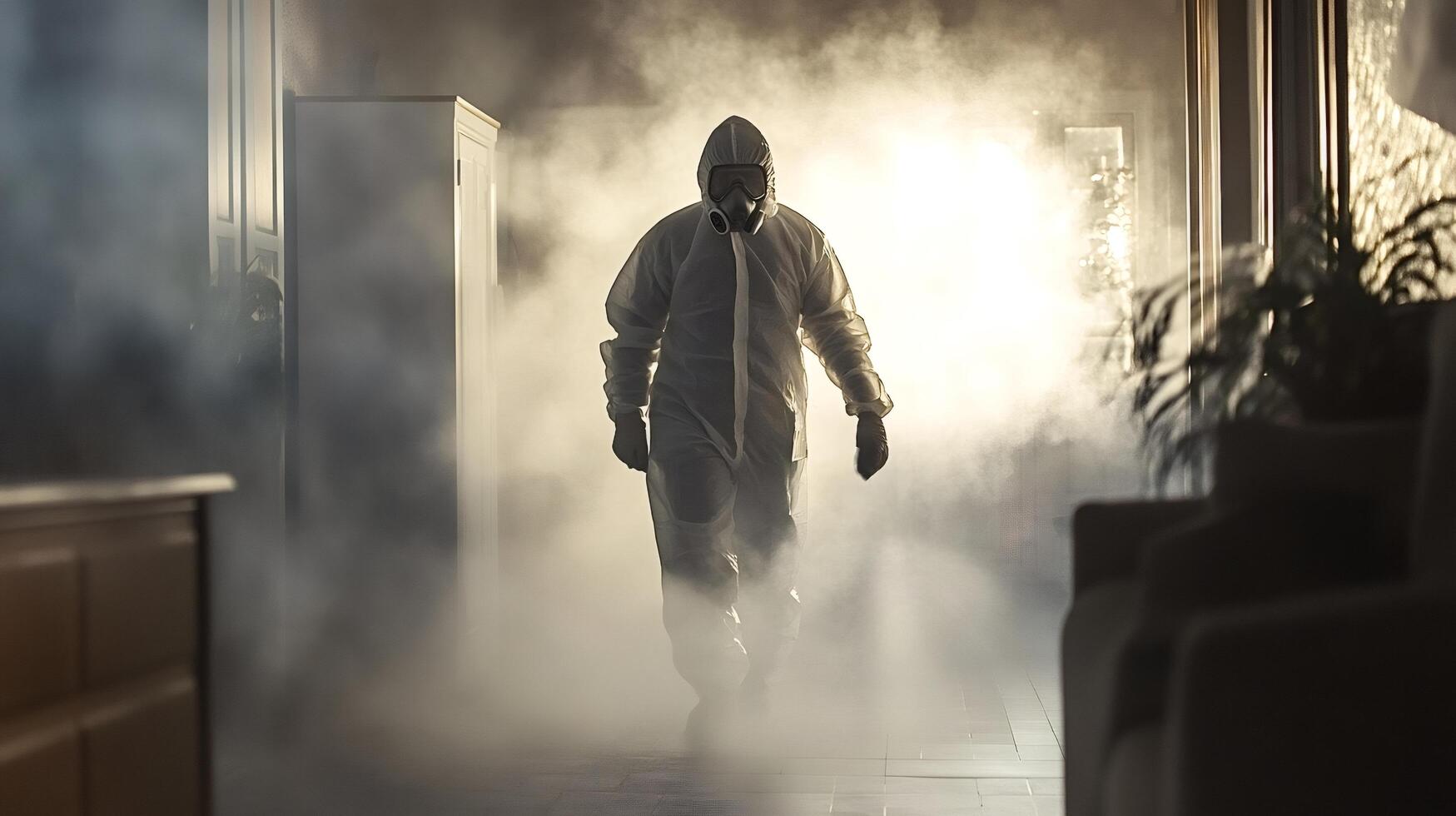 Scientist wearing hazmat suit walking in smoky corridor during experiment photo