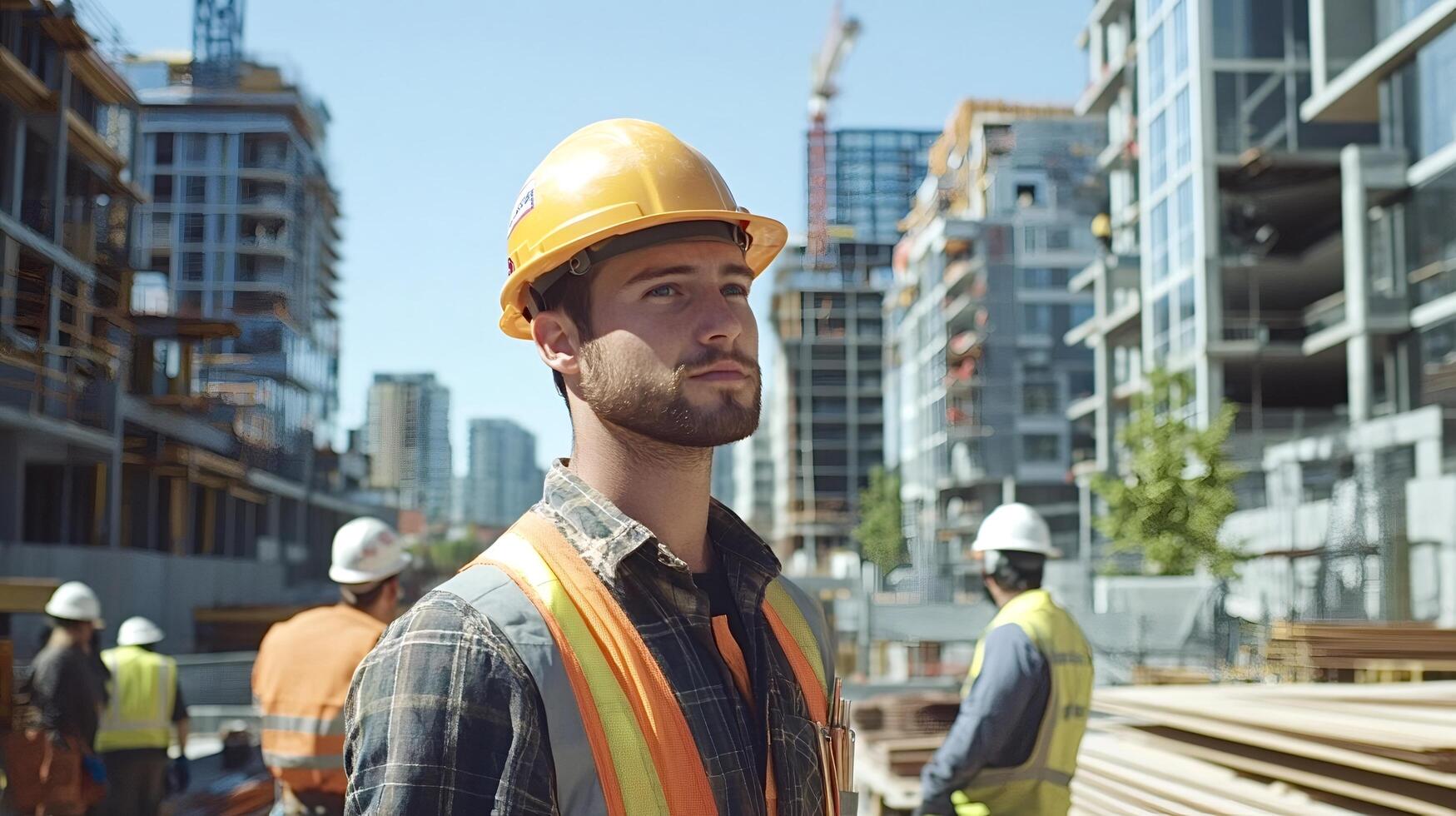 Construction engineer inspecting building progress at development site photo