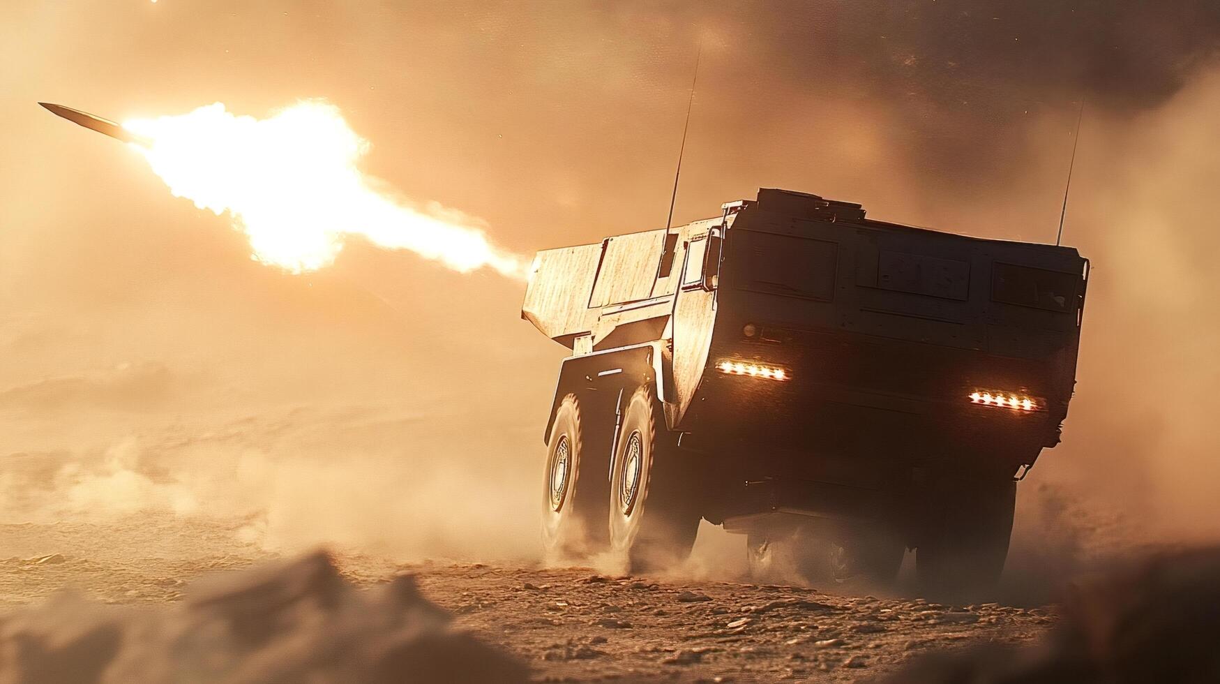Military vehicle launching missile in desert warfare scenario photo