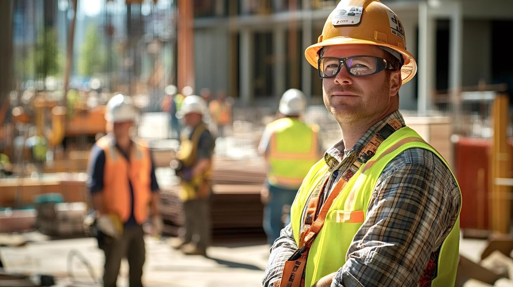 Construction worker wearing safety vest and hard hat on building site photo