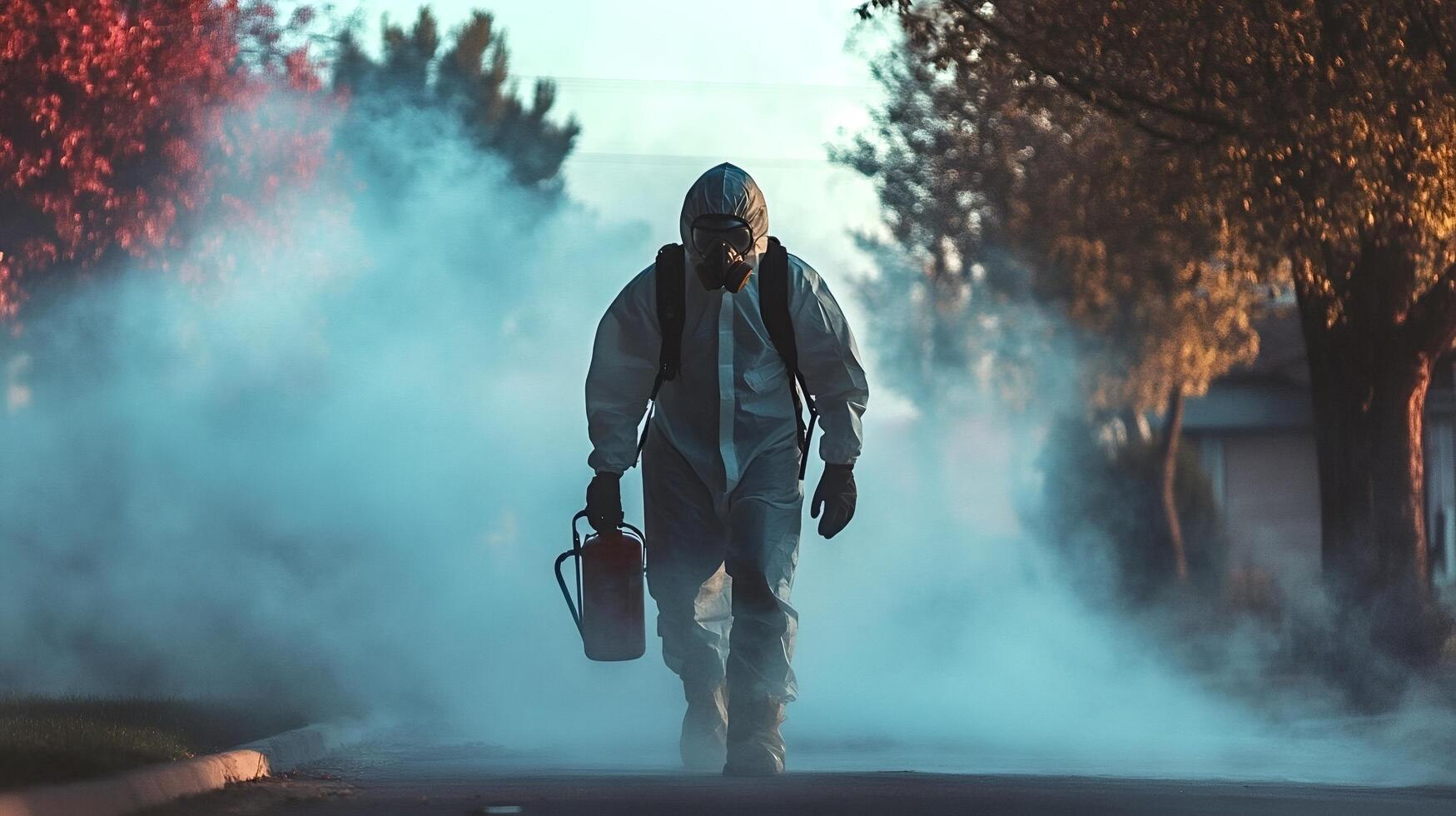 Scientist walking through toxic fumes carrying fire extinguisher photo