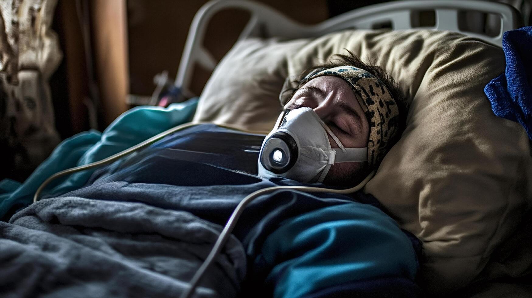 Sick patient wearing breathing mask sleeping in hospital bed photo