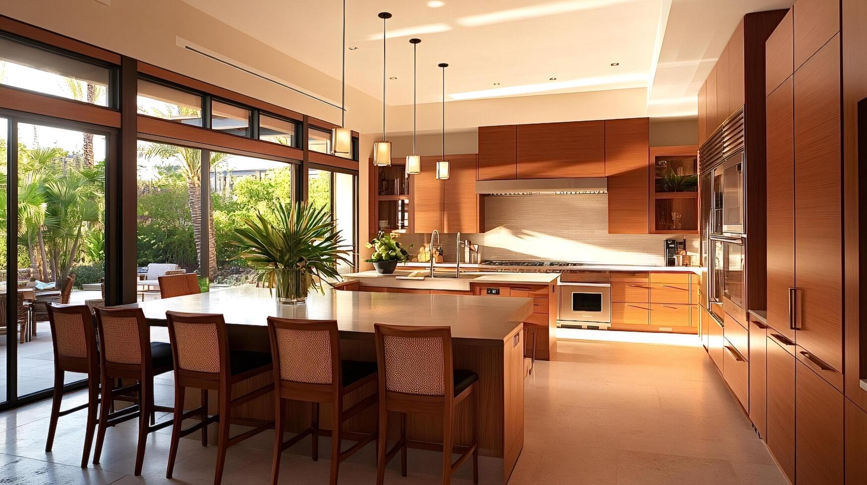 Modern kitchen with island and patio access illuminating with natural light photo
