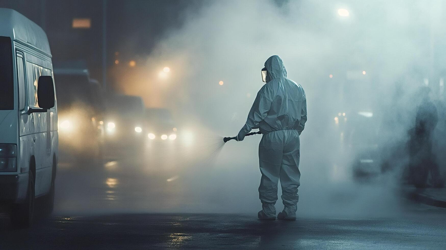 Sanitary worker disinfecting the city streets with disinfectant spray at night photo