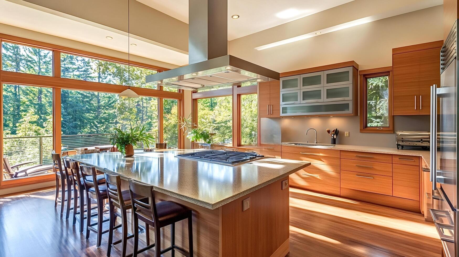 Modern kitchen showing forest view through large windows in luxury home photo