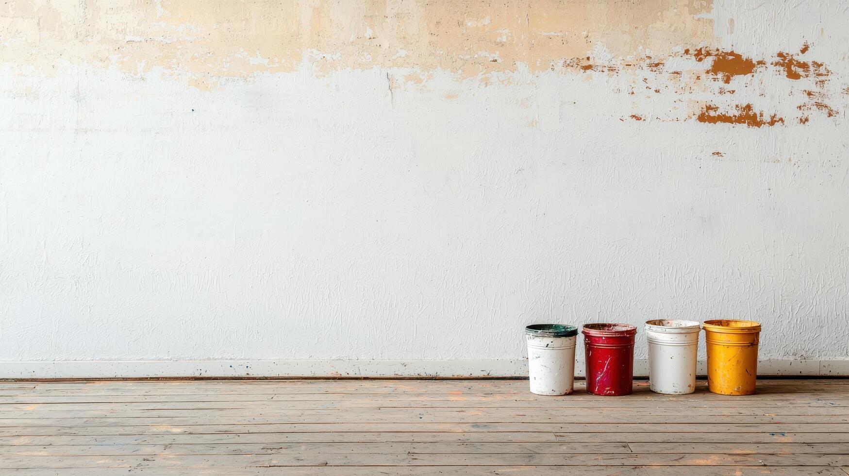 DIY Renovation Project Empty Room Image of Paint Buckets Minimalist Background Copyspace Available photo