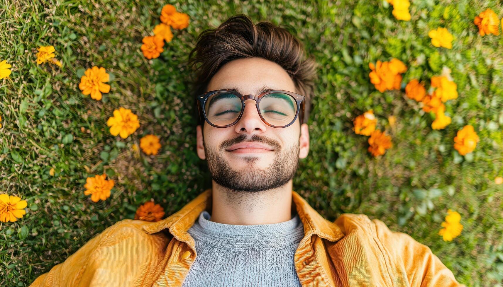 Man Relaxing Amidst Orange Flowers on Green Grass Background with Copyspace photo