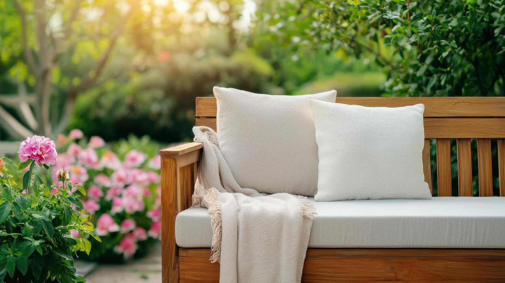 Relaxing Garden Scene with Cozy Bench and Copyspace Background in Nature Setting photo