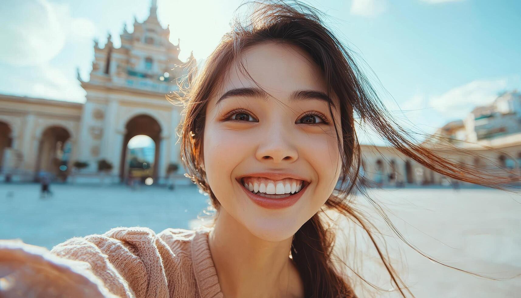 Joyful Selfie Moment in Mandalay Myanmar with Background and Copyspace for Travel Enthusiasts photo