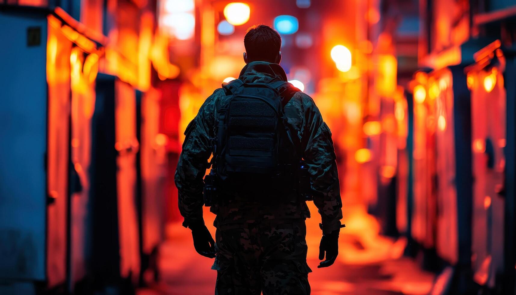 Soldier in Action Against Urban Background Night Scene Copyspace Opportunity photo