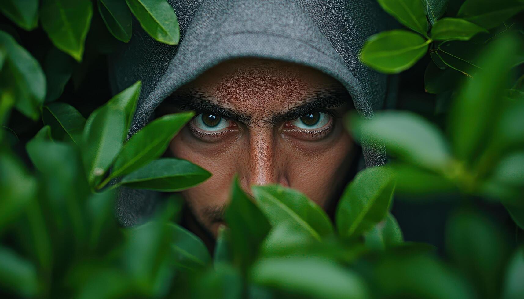 Mysterious Figure Among Greenery Outdoors Portrait Close-Up Nature Background Copyspace photo