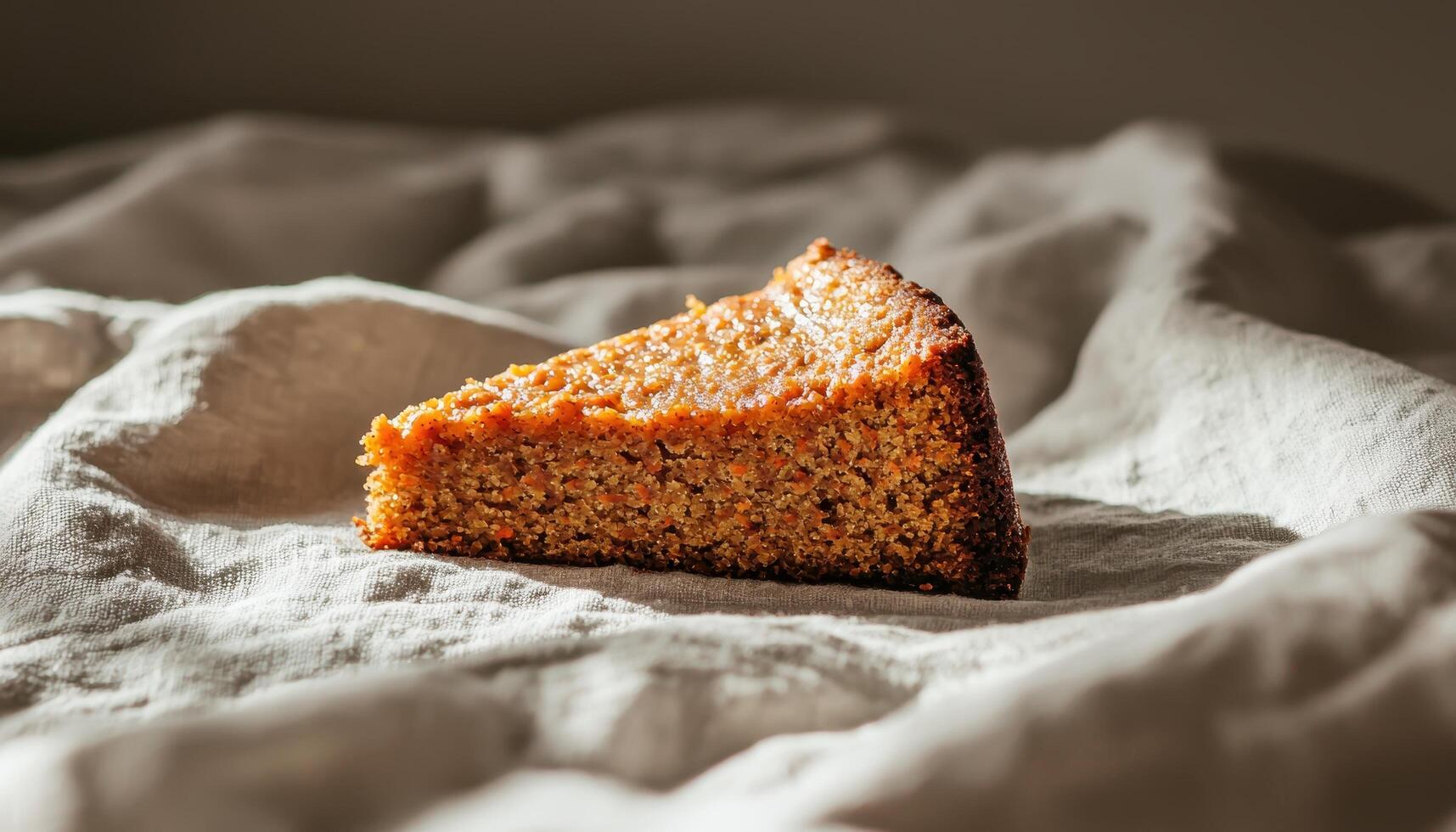 Delicious Cake Slice on Soft Fabric Background Copyspace for Text Natural Light Minimalist Style photo