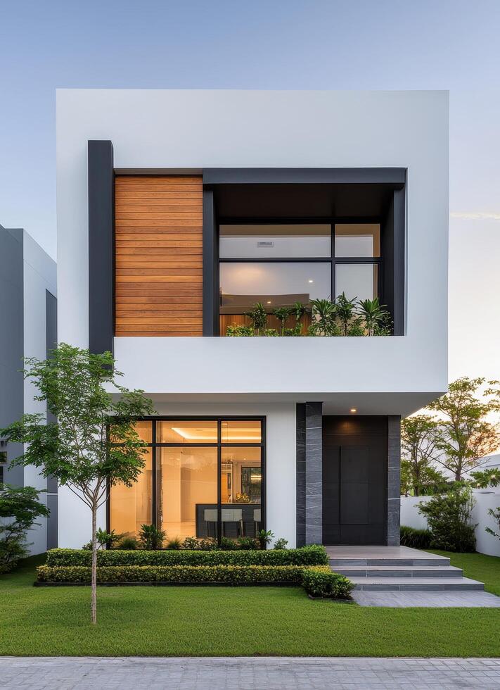 Modern House Architecture with Lush Garden Background and Copyspace Urban Environment Daylight View photo