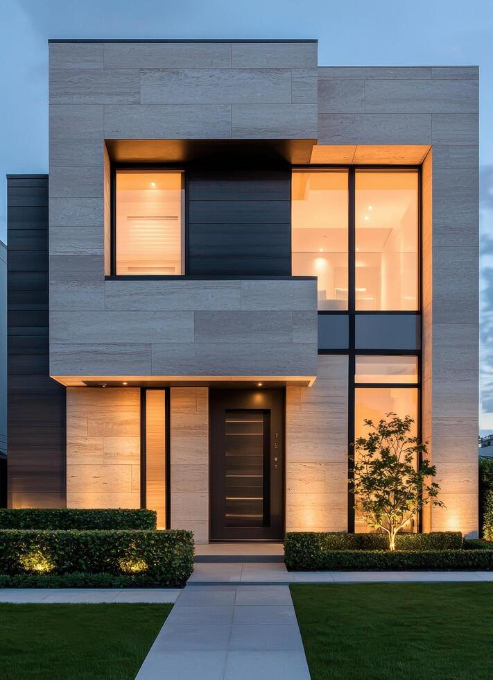 Modern Architecture Home Design Urban Setting Nighttime Image Clean Background Copyspace photo
