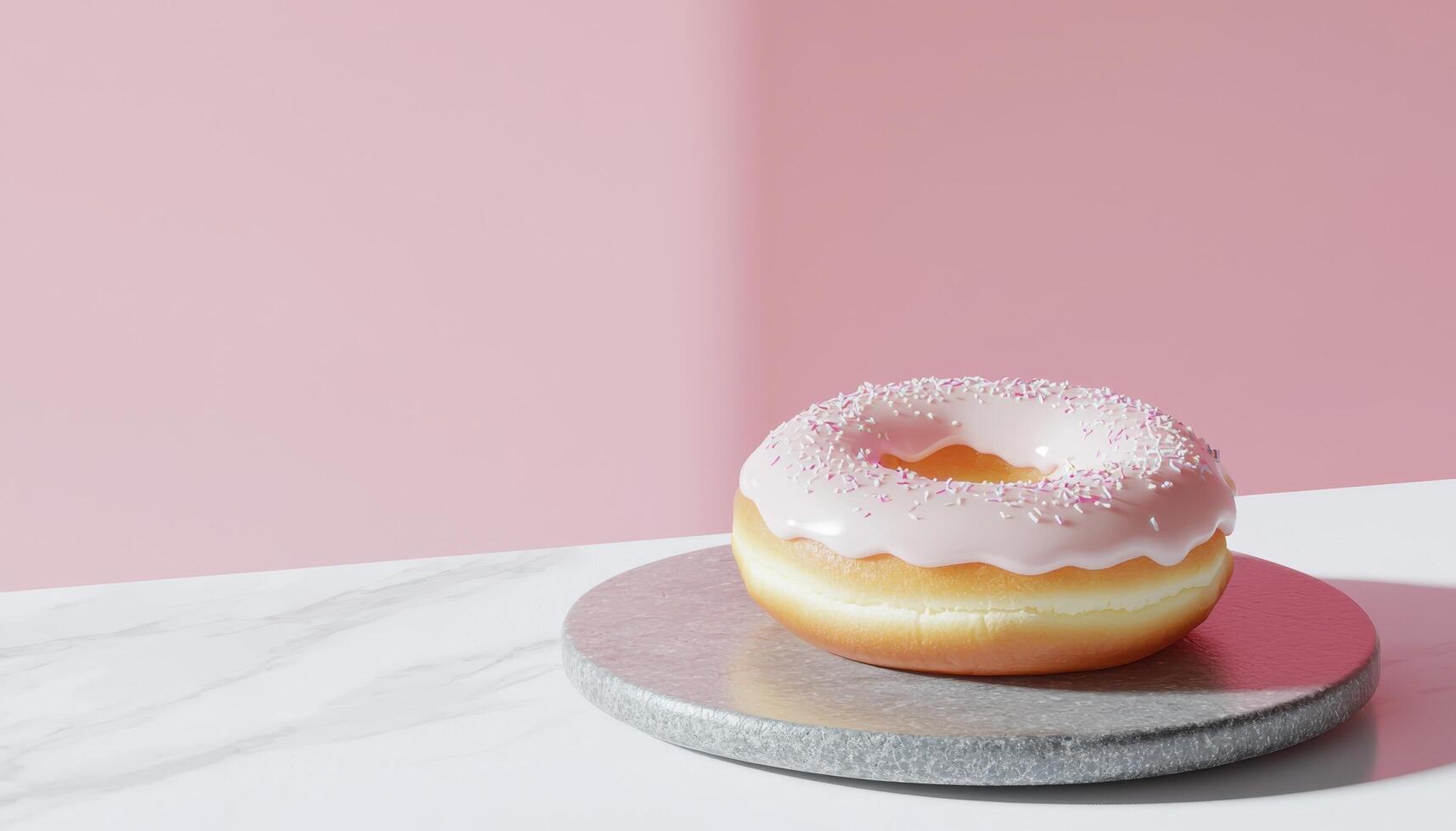Delicious Pink Frosted Donut on Marble Surface Studio Setting Background Copyspace for Food Photography photo