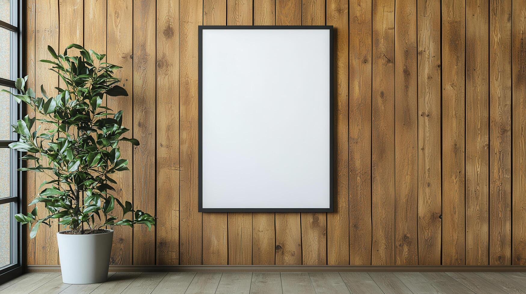 Modern Minimalist Art Display Indoor Setting Blank Canvas Wooden Wall Background Copyspace Available photo