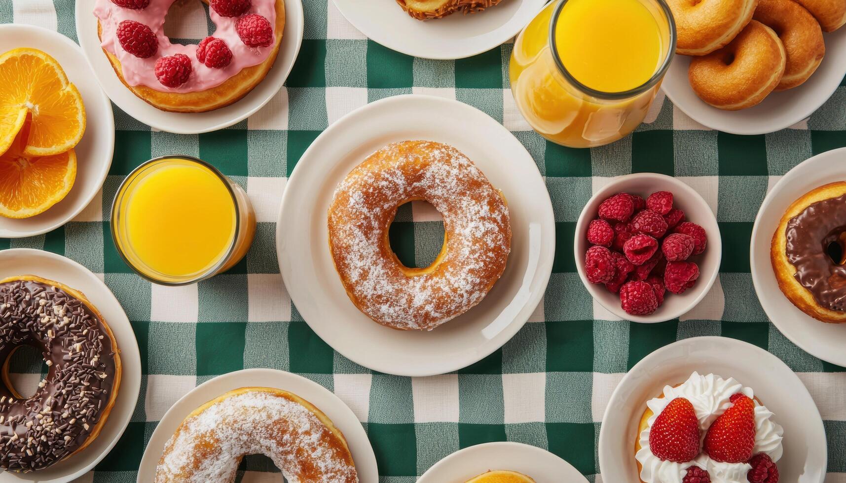 Delicious Donuts and Fresh Juice on a Picnic Table Bright Background Copyspace photo