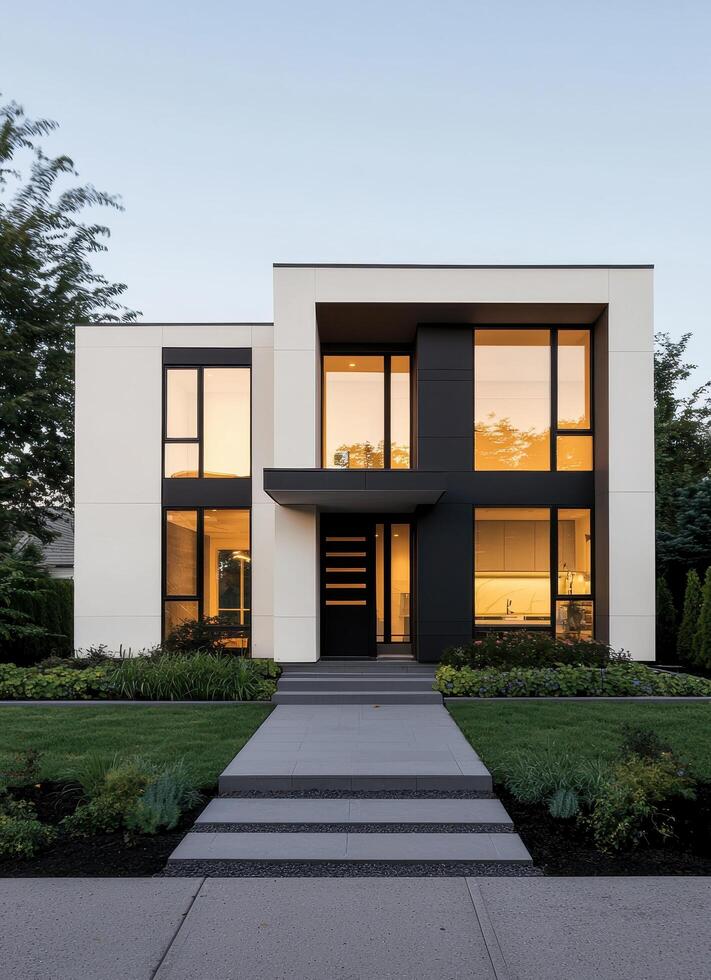 Modern Architectural Home with Landscape Evening Background and Copyspace for Design Inspiration photo