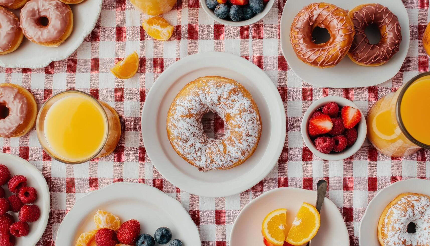 Delicious Donuts and Fresh Fruit Breakfast Table Setting Home Copyspace Background photo