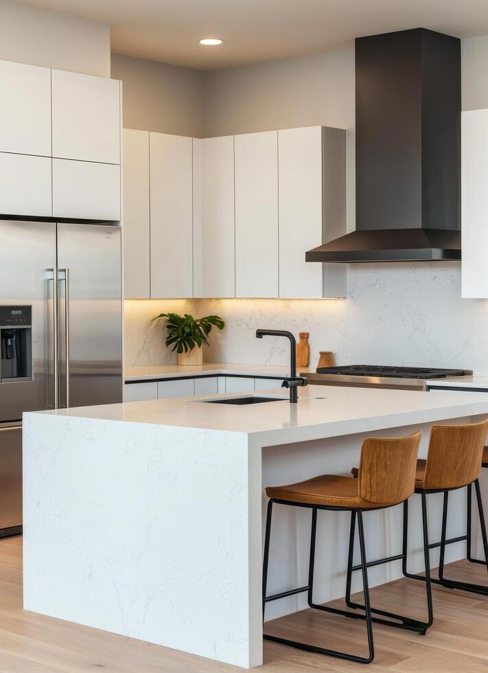 Modern Kitchen Design with Stylish Bar Stools Minimalist Background Copyspace for Branding photo