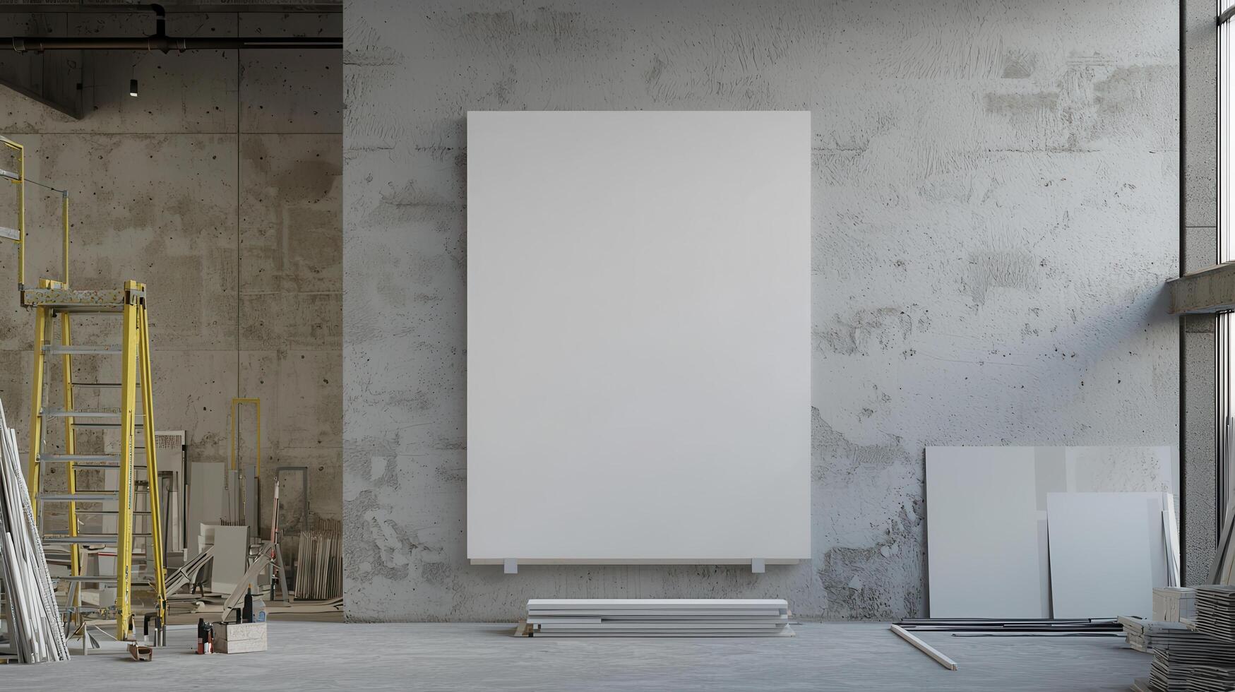 Minimalist Art Studio with Blank Canvas Industrial Background Copyspace for Creative Ideas photo