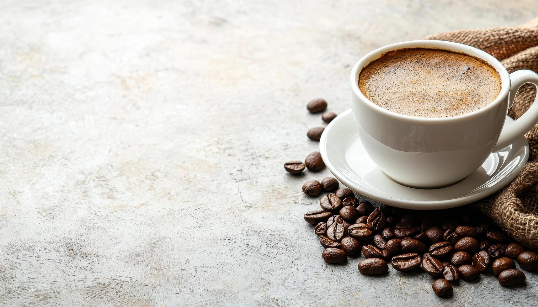 Freshly Brewed Coffee in White Cup Rustic Background Copyspace Available photo