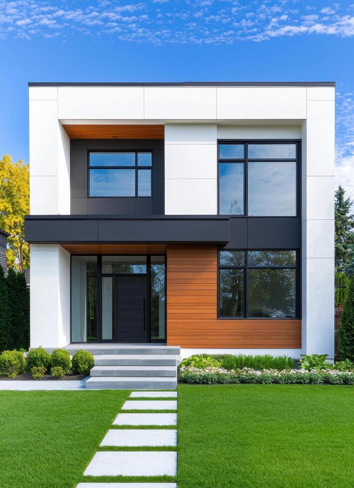 Modern Home Architecture with Green Lawn Background and Copyspace Urban Environment Front View photo
