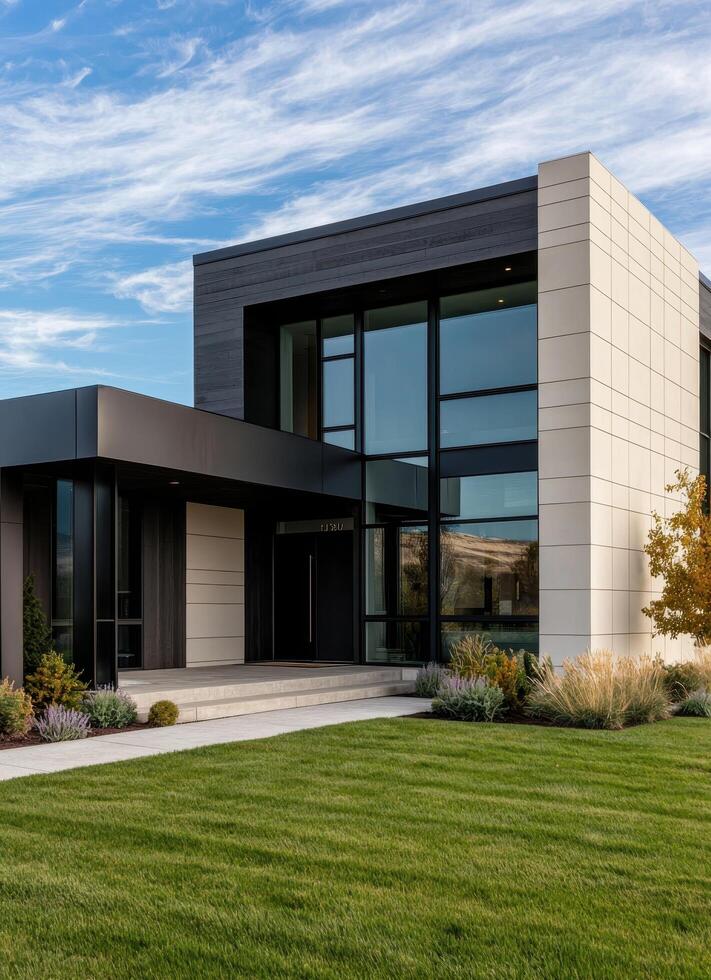 Modern Architecture Home Design Suburban Area Real Estate Outdoor Space Clear Sky Background and Copyspace photo