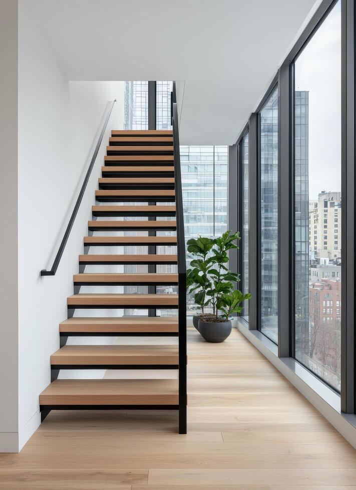 Modern Staircase Design in Urban Loft Minimalist Architecture Bright Background Copyspace photo