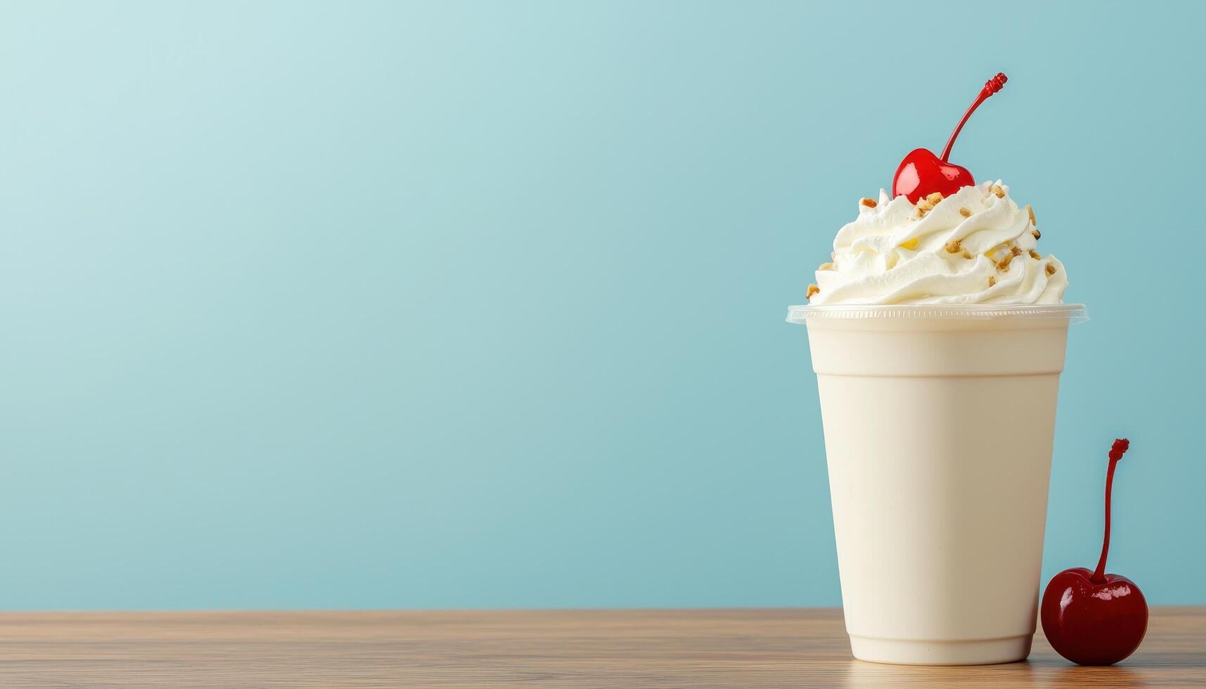 Delicious Ice Cream Cup with Cherry Light Blue Background Copyspace Available photo