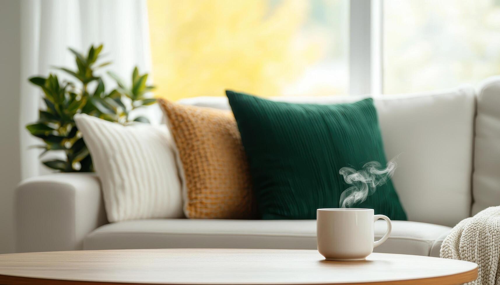 Cozy Coffee Moment Home Interior Still Life Natural Light Warm Background Copyspace photo