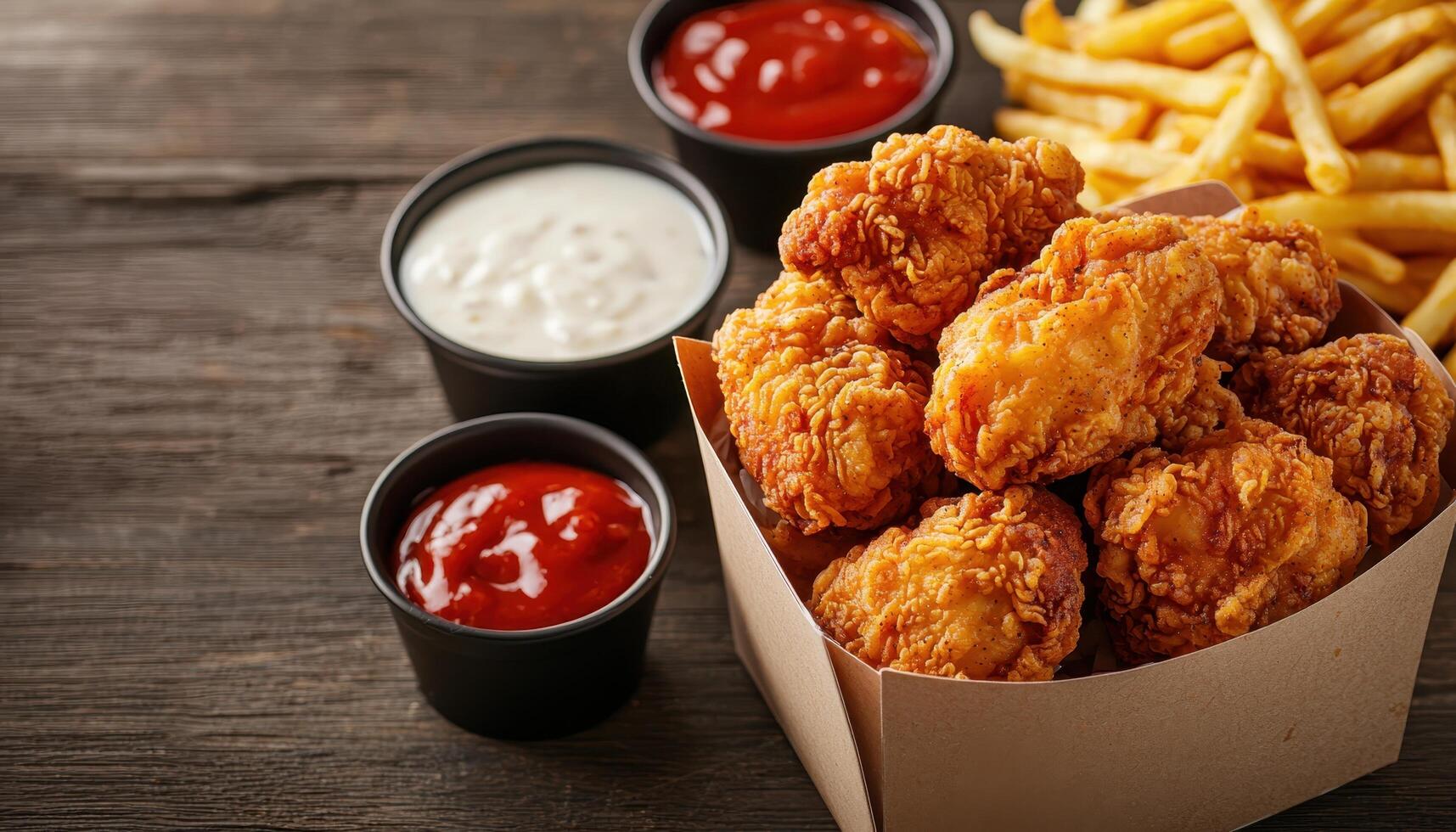 Crispy Fried Chicken with Dipping Sauces Restaurant Table Setting Food Photography Rustic Background Copyspace photo