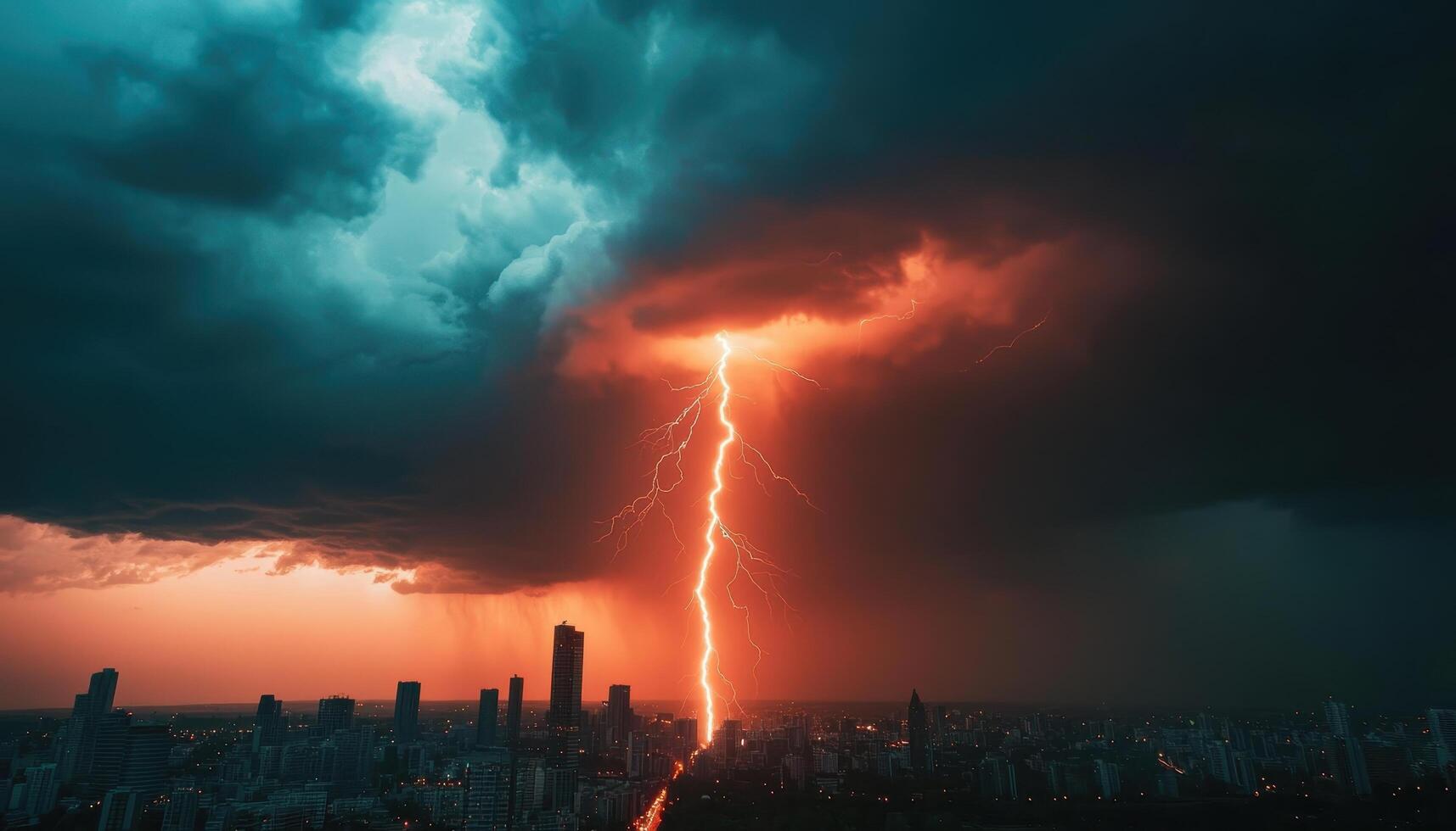 Dramatic Lightning Strike Over Urban Skyline Cityscape Background Copyspace for Impactful Imagery photo