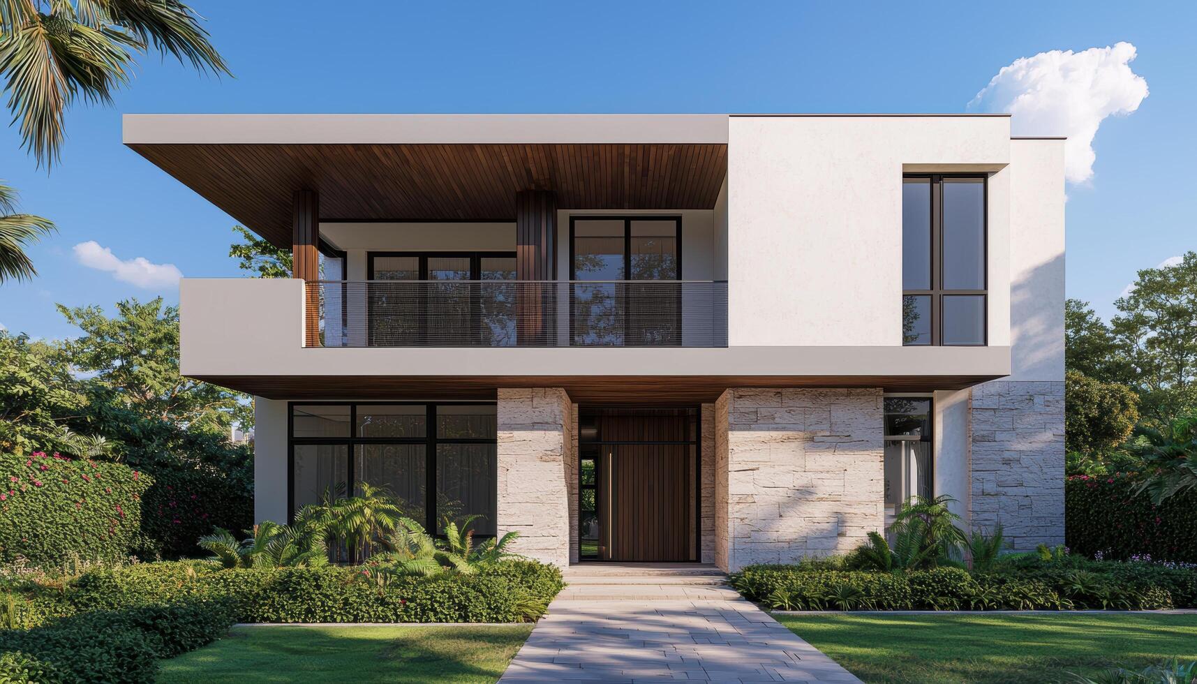 Modern Architectural Home Design Lush Garden Background Image with Copyspace photo