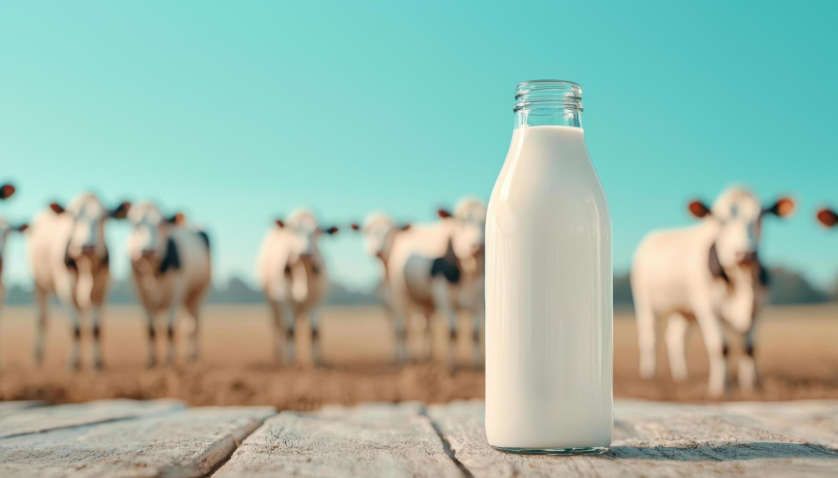 Fresh Milk Bottle with Cows in the Background Rural Farm Copyspace Natural Environment photo
