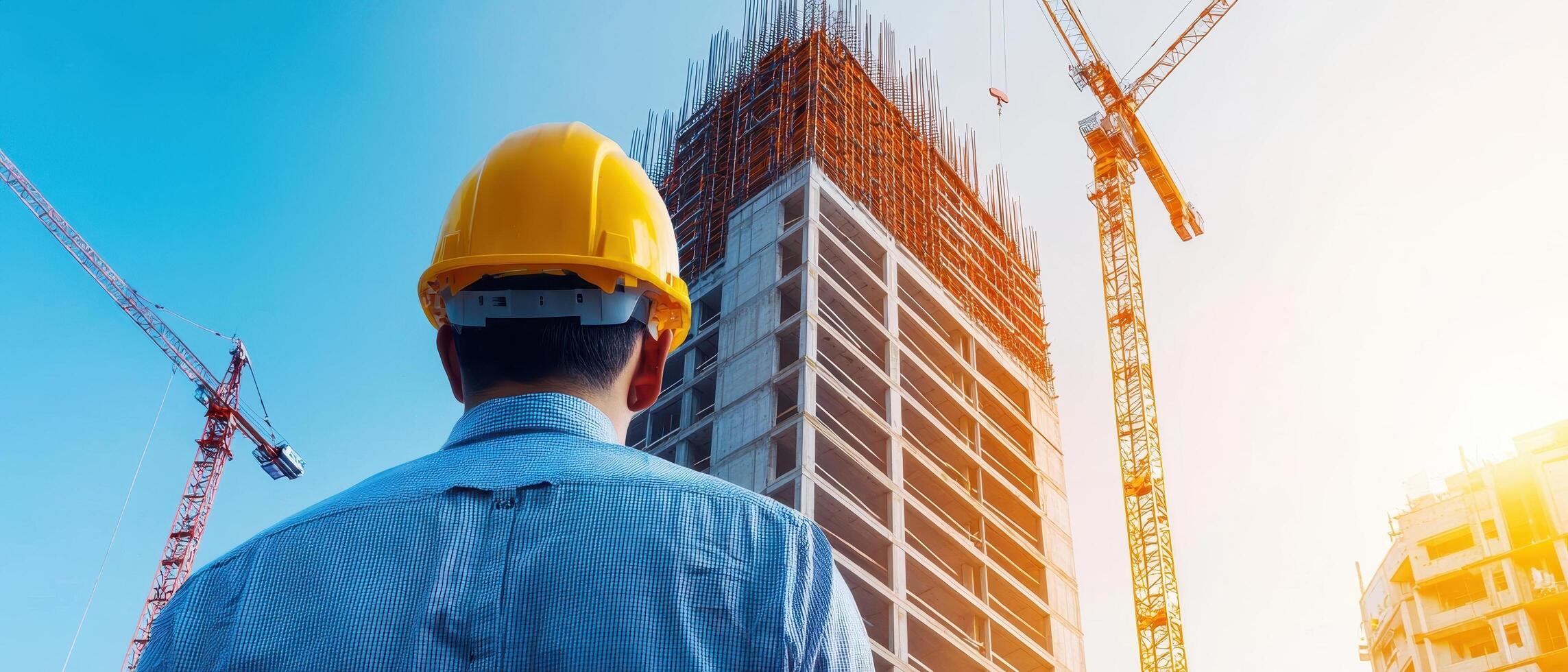 Construction Worker Overseeing Building Project Urban Setting Photo with Copyspace Background