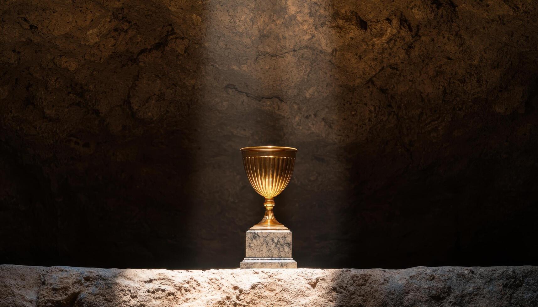 Golden Trophy Illuminated by Rays of Light Ancient Cave Background Copyspace for Text photo