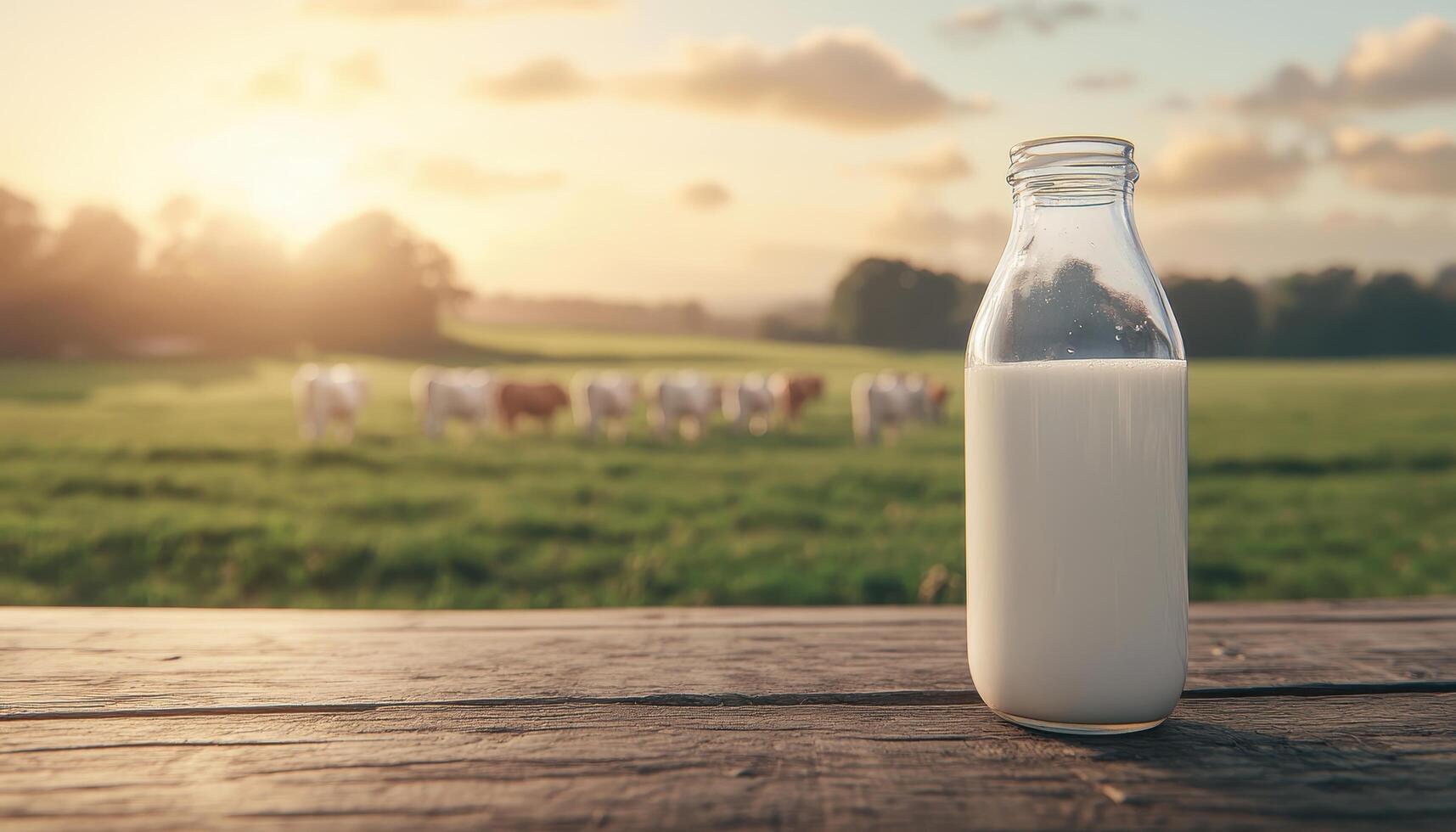 Fresh Milk Bottle in Scenic Pasture with Cows Beautiful Sunset Background Copyspace photo