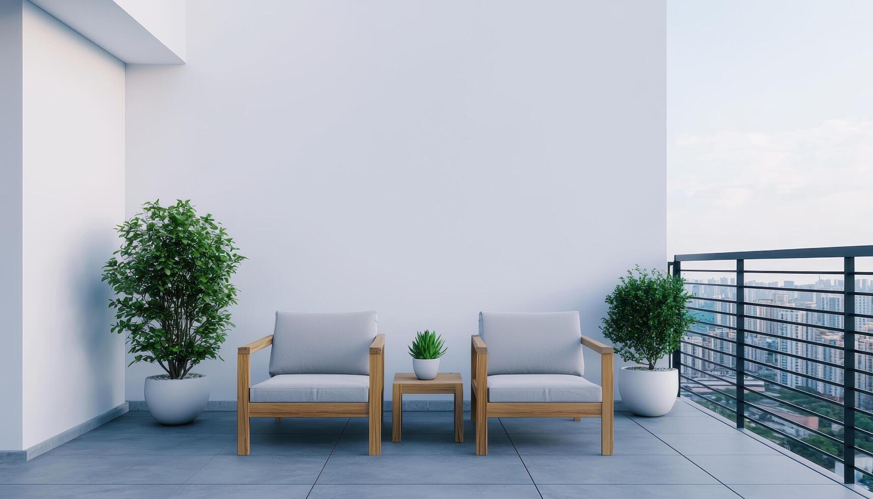 Serene Balcony Seating Arrangement with Greenery Background and Copyspace for Modern Living Design photo