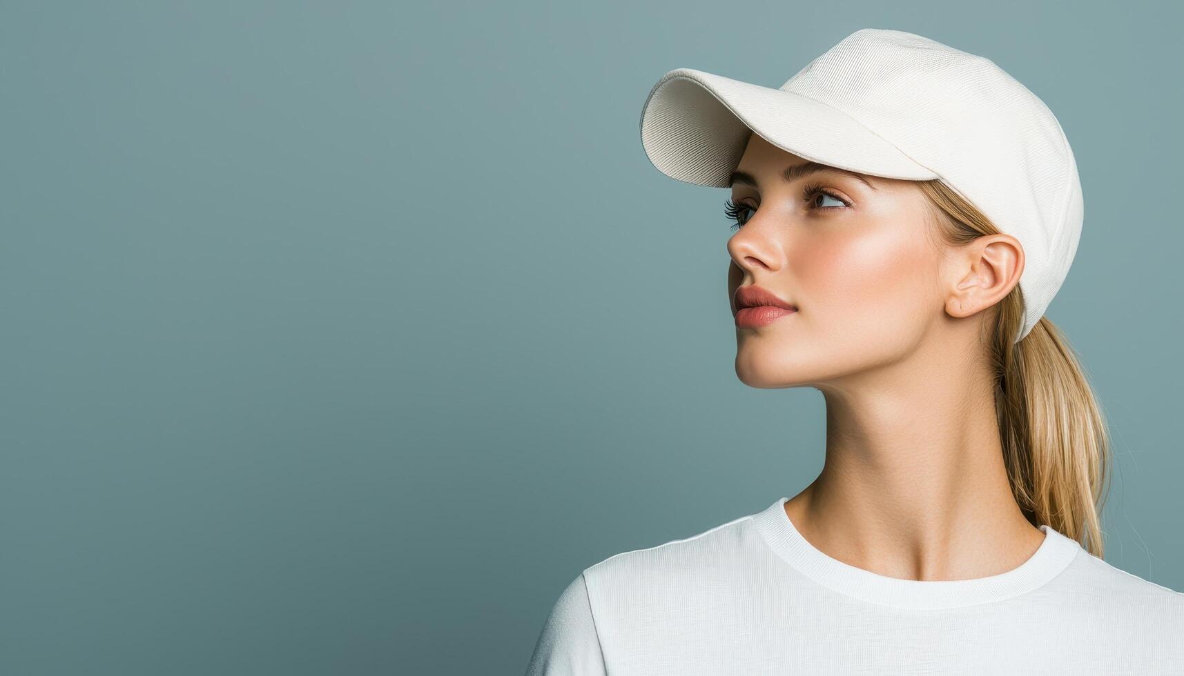 Stylish Young Woman in Cap Minimalist Background Portrait Soft Lighting Conceptual Copyspace photo