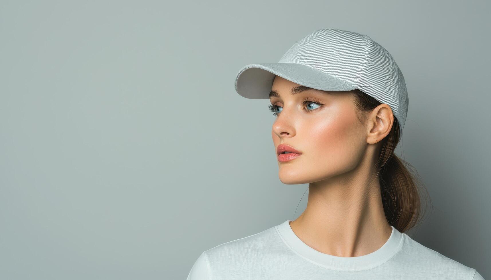 Stylish Woman in White Cap Studio Background Portrait Image Neutral Copyspace photo