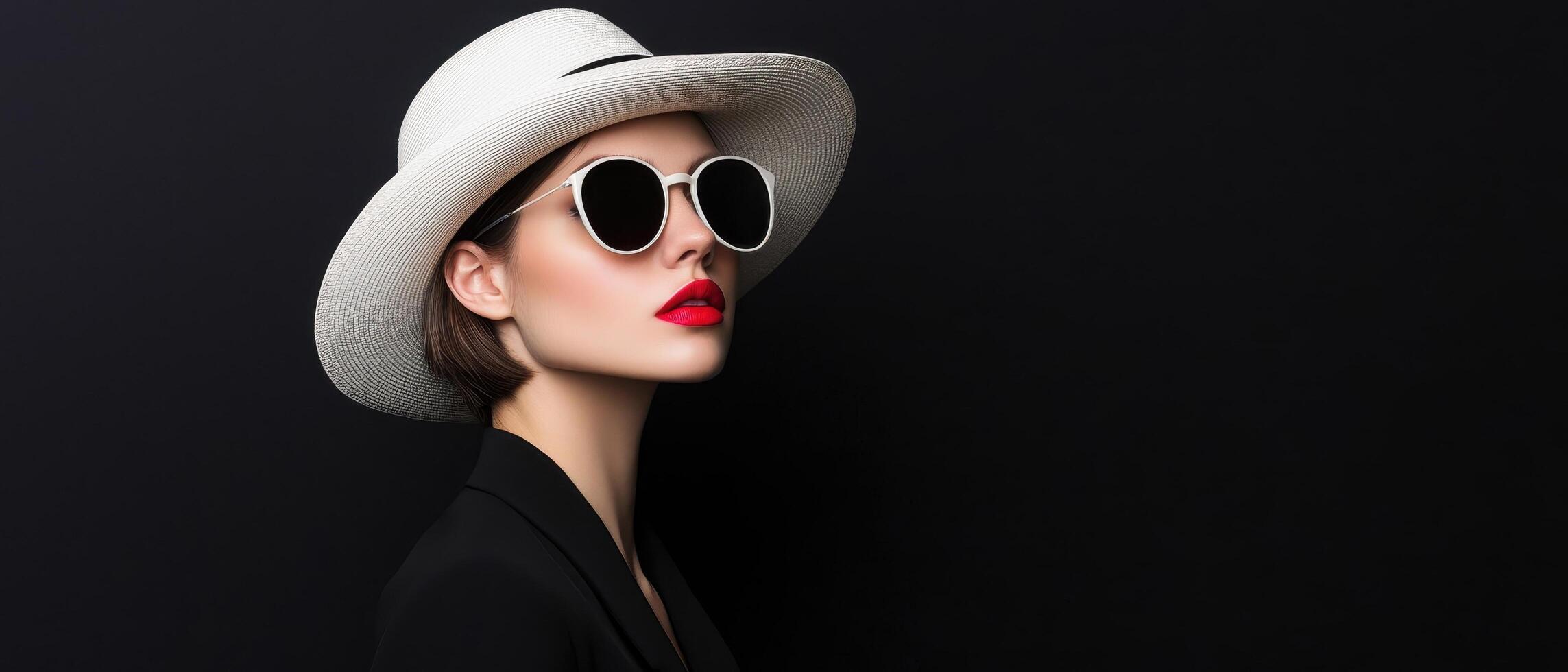 Stylish Woman in Sunglasses Black Background Fashion Portrait Elegant Environment Side View Copyspace photo