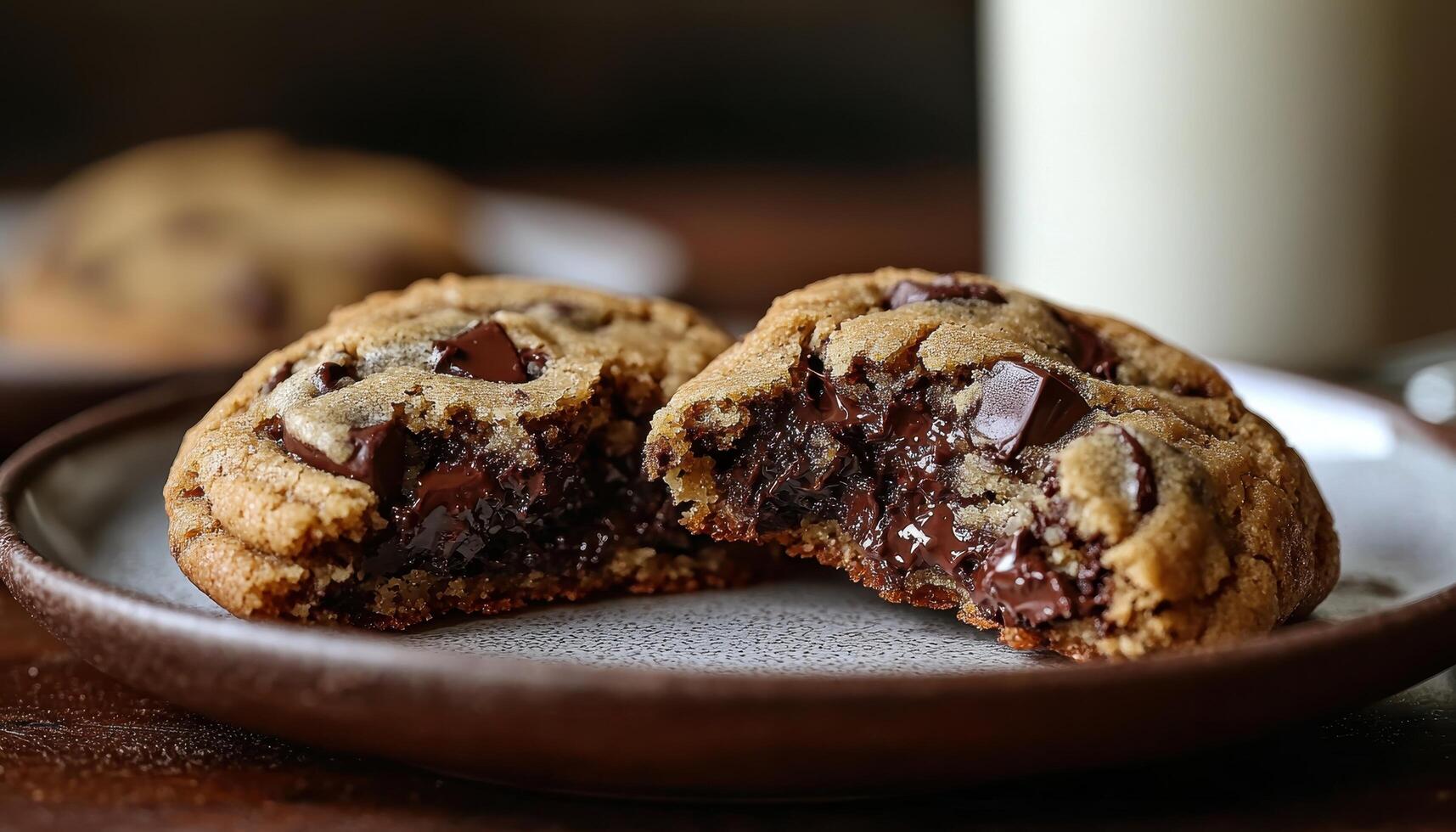Delicious Chocolate Chip Cookies on a Plate Cozy Kitchen Background Copyspace for Recipe Ideas photo