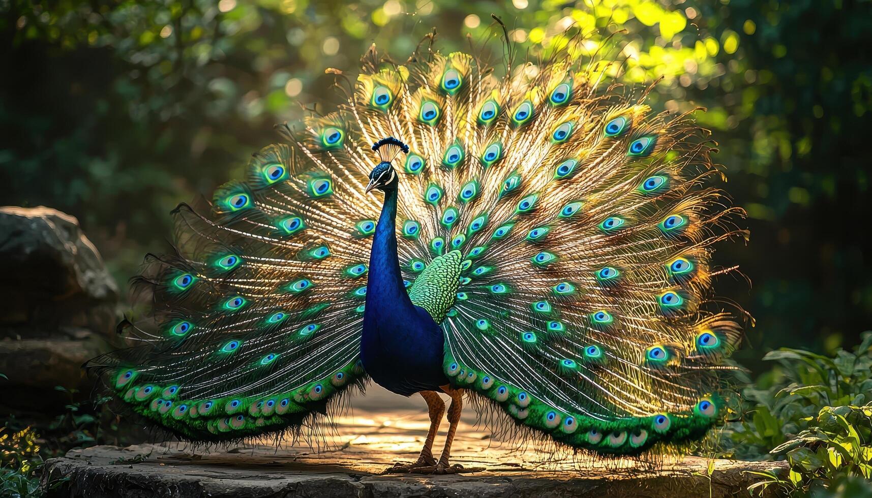 A Colorful Peacock Displaying Its Plumage in Nature Beautiful Background with Copyspace photo