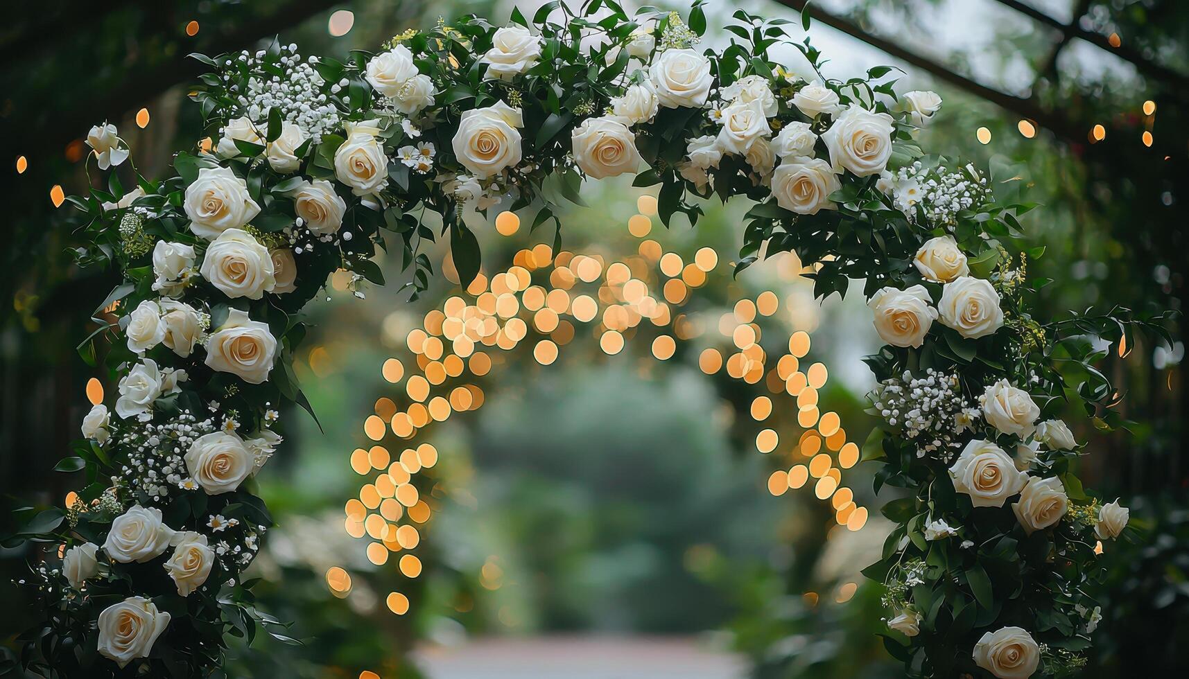 Elegant Floral Arch with White Roses Outdoor Wedding Copyspace Background Romantic Event Setting photo