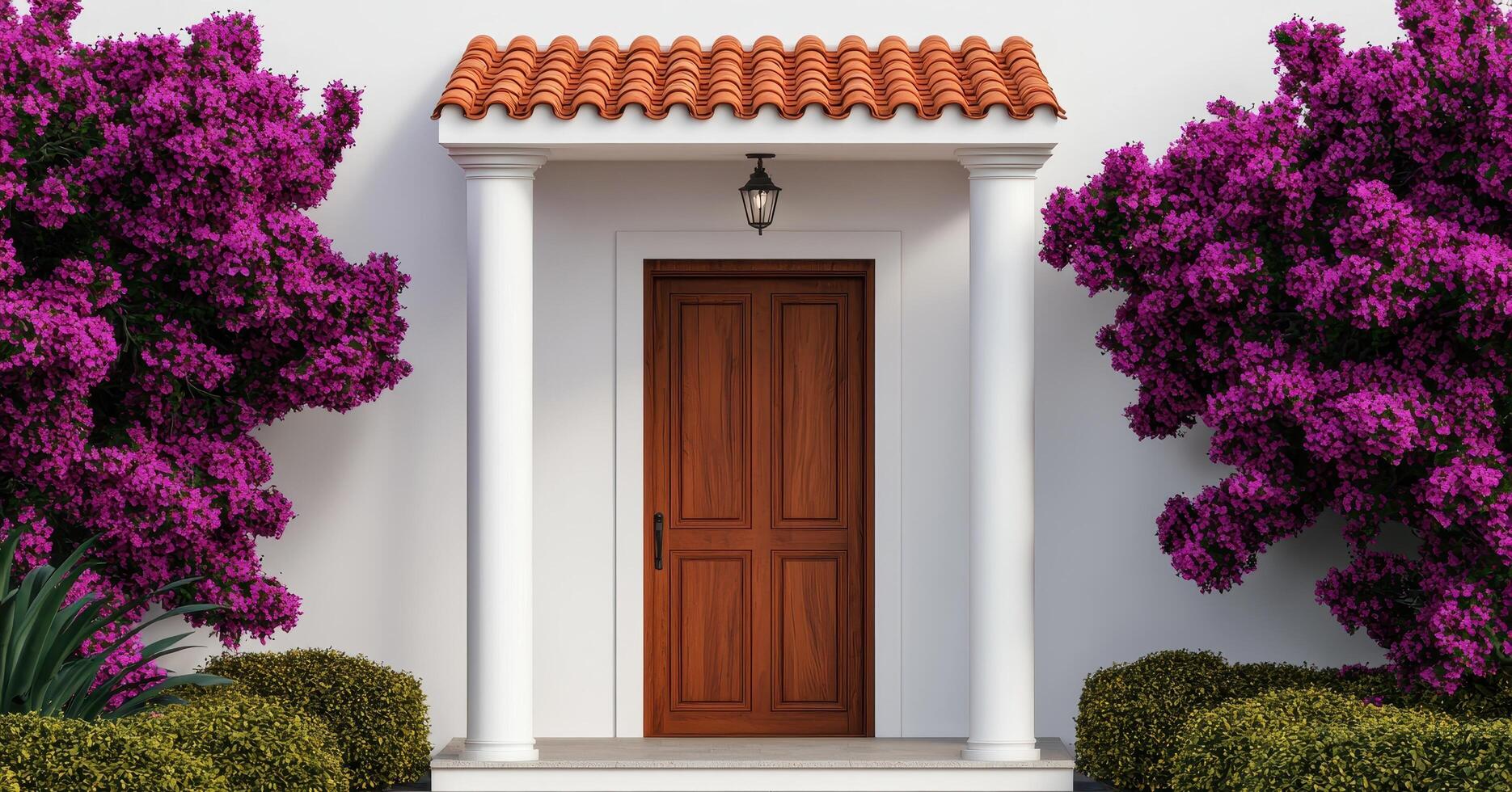 Serene Home Entrance Surrounded by Bougainvillea Tranquil Garden Background Copyspace photo